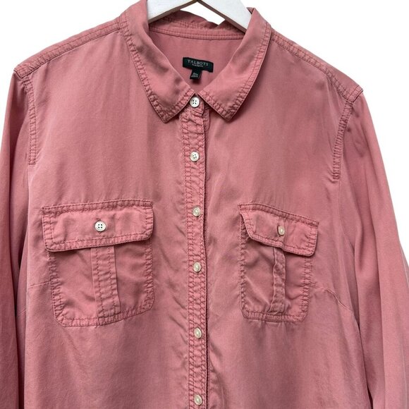Talbots Womens Top Plus Size 3X Petite Pink Distressed Button Up Shirt Lyocell - Picture 2 of 10